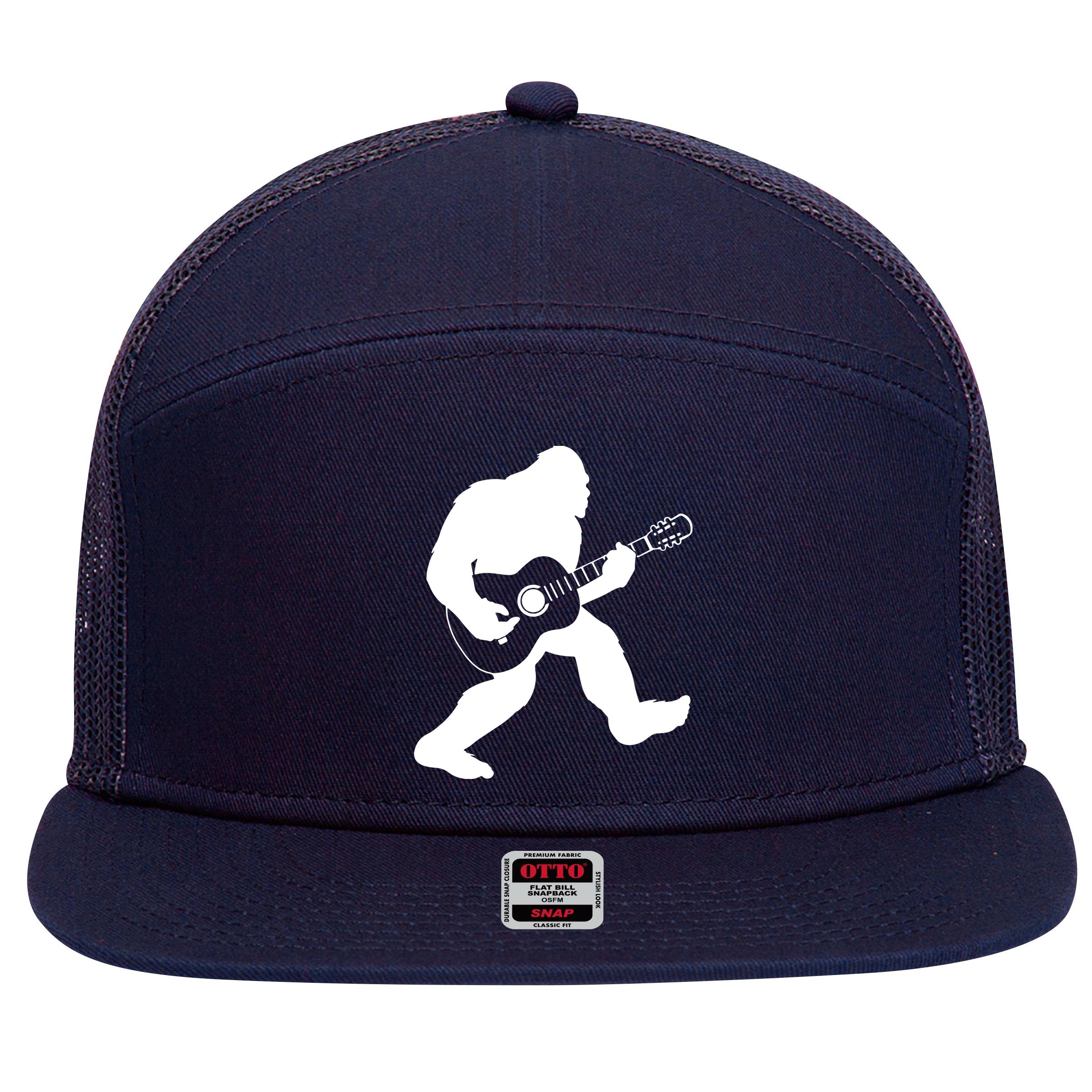 Bigfoot Playing Acoustic Guitar 7 Panel Mesh Trucker Snapback Hat