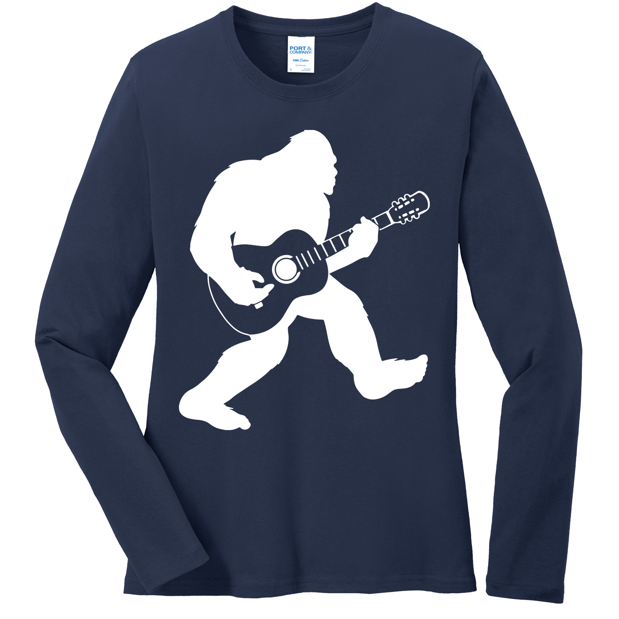 Bigfoot Playing Acoustic Guitar Ladies Long Sleeve Shirt