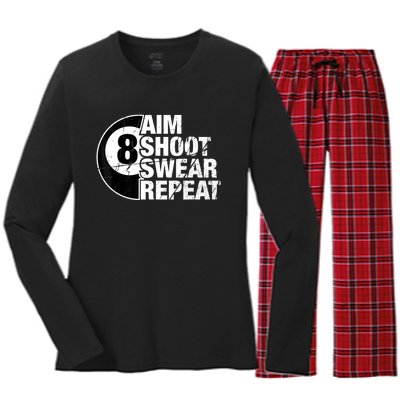 Billiards Player Aim Shoot Swear Repeat 8 Ball Pool Gift Women's Long Sleeve Flannel Pajama Set 