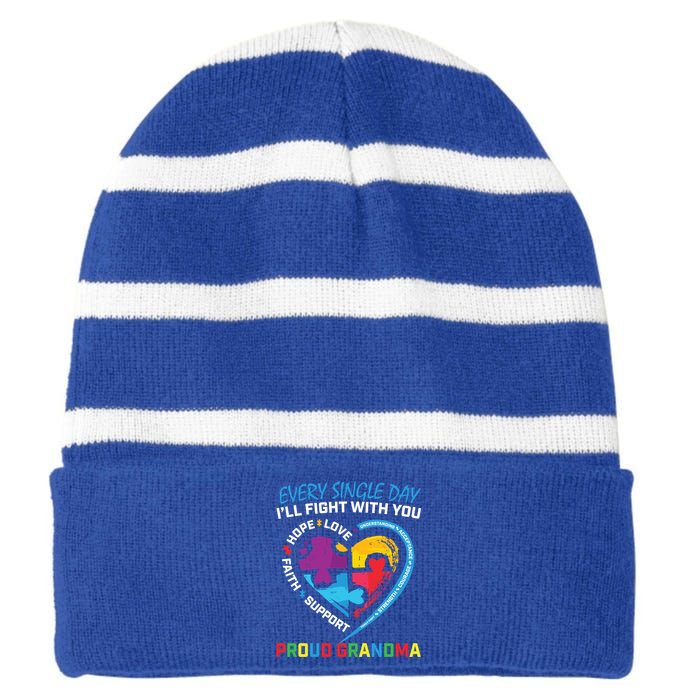 Blue Puzzle Autism Awareness Grandson Granddaughter Grandma Gift Striped Beanie with Solid Band