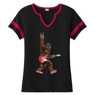 Bigfoot Playing A Electric Guitar Rock On Sasquatch Big Foot Ladies Halftime Notch Neck Tee