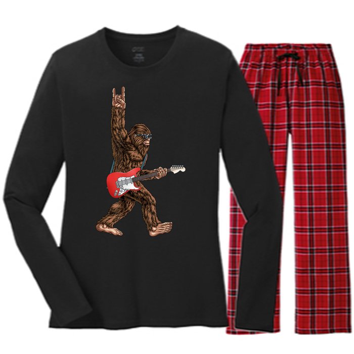 Bigfoot Playing A Electric Guitar Rock On Sasquatch Big Foot Women's Long Sleeve Flannel Pajama Set 