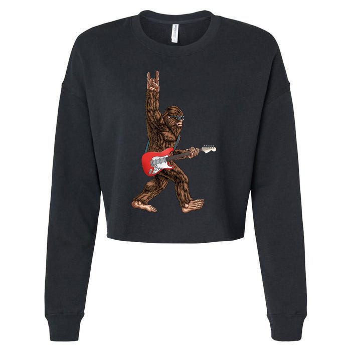 Bigfoot Playing A Electric Guitar Rock On Sasquatch Big Foot Cropped Pullover Crew