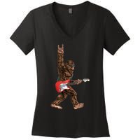 Bigfoot Playing A Electric Guitar Rock On Sasquatch Big Foot Women's V-Neck T-Shirt