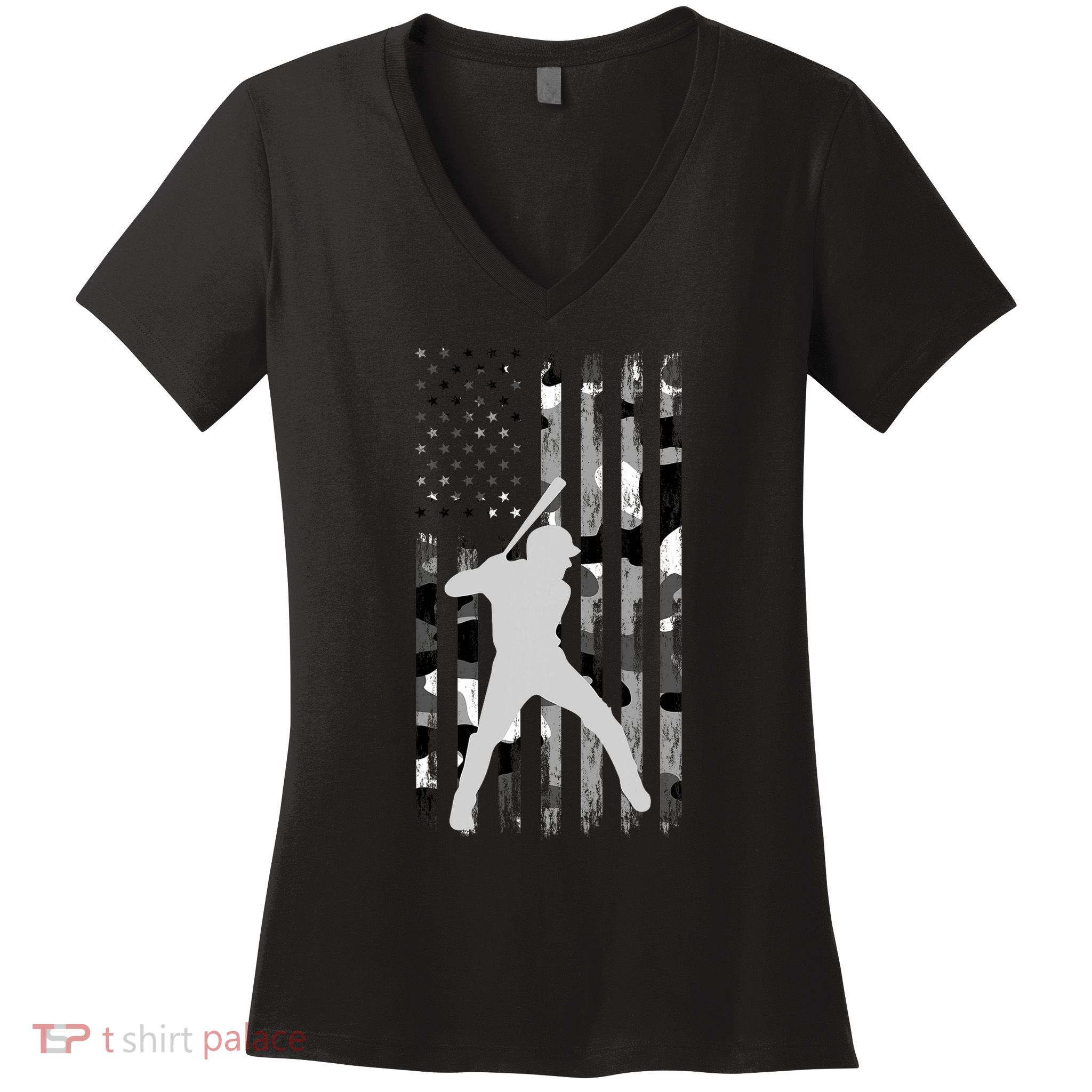 Baseball Player American Flag Usa Camo Patriotic Graphic Women's V-Neck T-Shirt