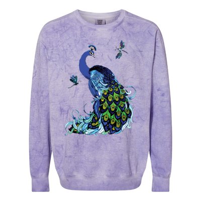 Blue Peacock And Dragonflies Colorblast Crewneck Sweatshirt