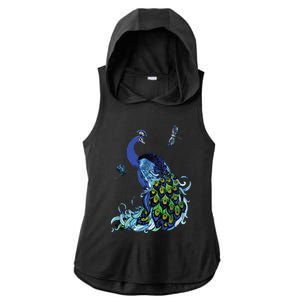 Blue Peacock And Dragonflies Ladies PosiCharge Tri-Blend Wicking Draft Hoodie Tank