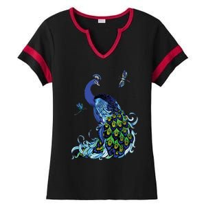 Blue Peacock And Dragonflies Ladies Halftime Notch Neck Tee