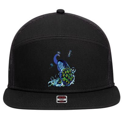 Blue Peacock And Dragonflies 7 Panel Mesh Trucker Snapback Hat