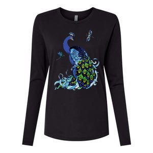 Blue Peacock And Dragonflies Womens Cotton Relaxed Long Sleeve T-Shirt