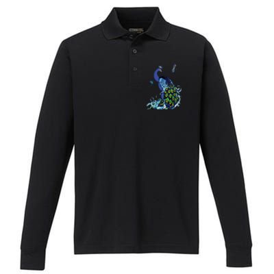 Blue Peacock And Dragonflies Performance Long Sleeve Polo