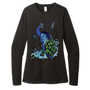 Blue Peacock And Dragonflies Womens CVC Long Sleeve Shirt