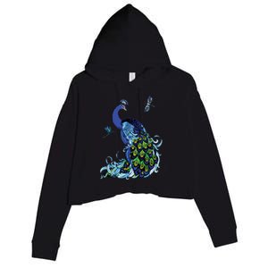 Blue Peacock And Dragonflies Crop Fleece Hoodie