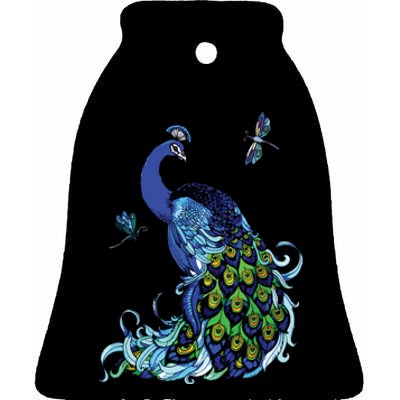 Blue Peacock And Dragonflies Ceramic Bell Ornament