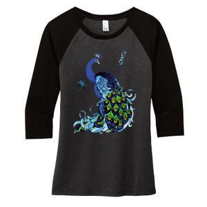 Blue Peacock And Dragonflies Women's Tri-Blend 3/4-Sleeve Raglan Shirt