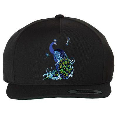 Blue Peacock And Dragonflies Wool Snapback Cap