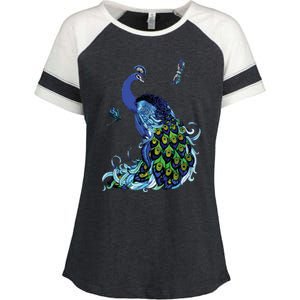 Blue Peacock And Dragonflies Enza Ladies Jersey Colorblock Tee