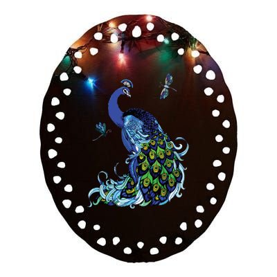 Blue Peacock And Dragonflies Ceramic Oval Ornament