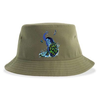 Blue Peacock And Dragonflies Sustainable Bucket Hat