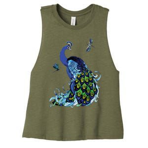 Blue Peacock And Dragonflies Women's Racerback Cropped Tank