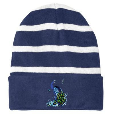 Blue Peacock And Dragonflies Striped Beanie with Solid Band