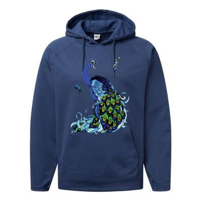 Blue Peacock And Dragonflies Performance Fleece Hoodie