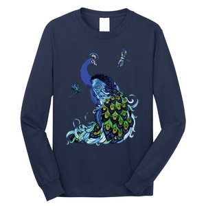 Blue Peacock And Dragonflies Long Sleeve Shirt