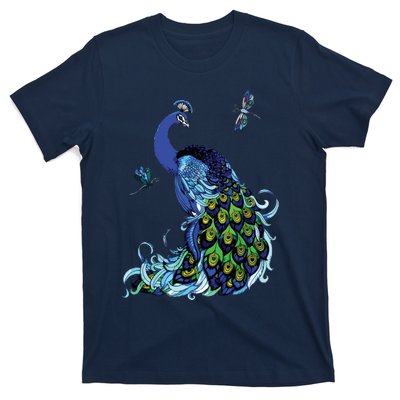 Blue Peacock And Dragonflies T-Shirt