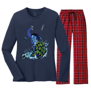 Blue Peacock And Dragonflies Women's Long Sleeve Flannel Pajama Set 