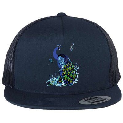 Blue Peacock And Dragonflies Flat Bill Trucker Hat