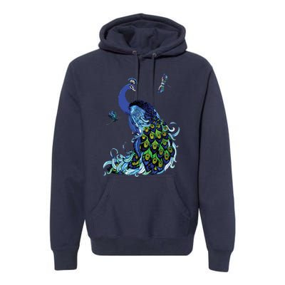 Blue Peacock And Dragonflies Premium Hoodie