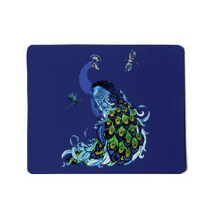 Blue Peacock And Dragonflies Mousepad