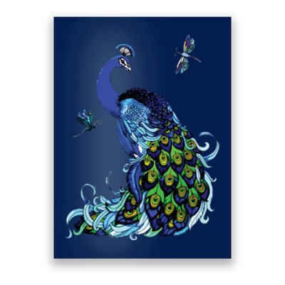 Blue Peacock And Dragonflies Poster