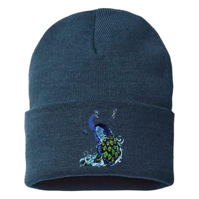 Blue Peacock And Dragonflies Sustainable Knit Beanie