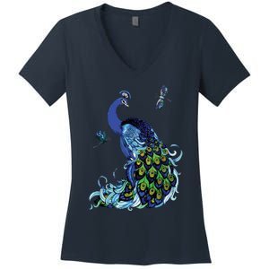 Blue Peacock And Dragonflies Women's V-Neck T-Shirt