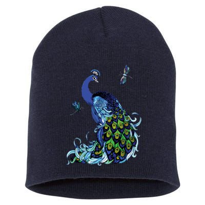 Blue Peacock And Dragonflies Short Acrylic Beanie