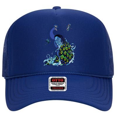 Blue Peacock And Dragonflies High Crown Mesh Back Trucker Hat