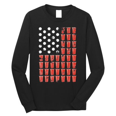 Beer Pong American Flag Patriotic 4th of July Party Long Sleeve Shirt