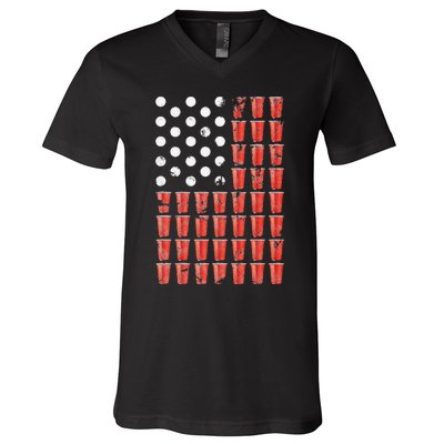 Beer Pong American Flag Patriotic 4th of July Party V-Neck T-Shirt