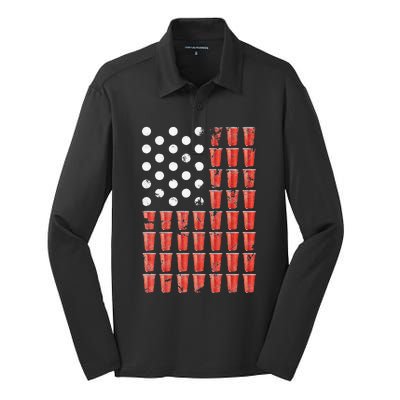 Beer Pong American Flag Patriotic 4th of July Party Silk Touch Performance Long Sleeve Polo