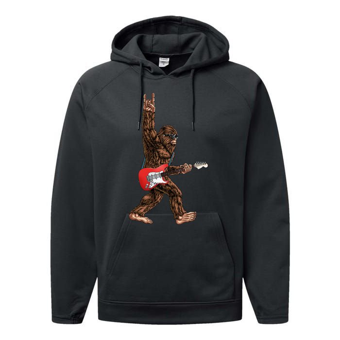 Bigfoot Playing A Electric Guitar Rock On Sasquatch Big Foot Performance Fleece Hoodie