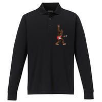 Bigfoot Playing A Electric Guitar Rock On Sasquatch Big Foot Performance Long Sleeve Polo