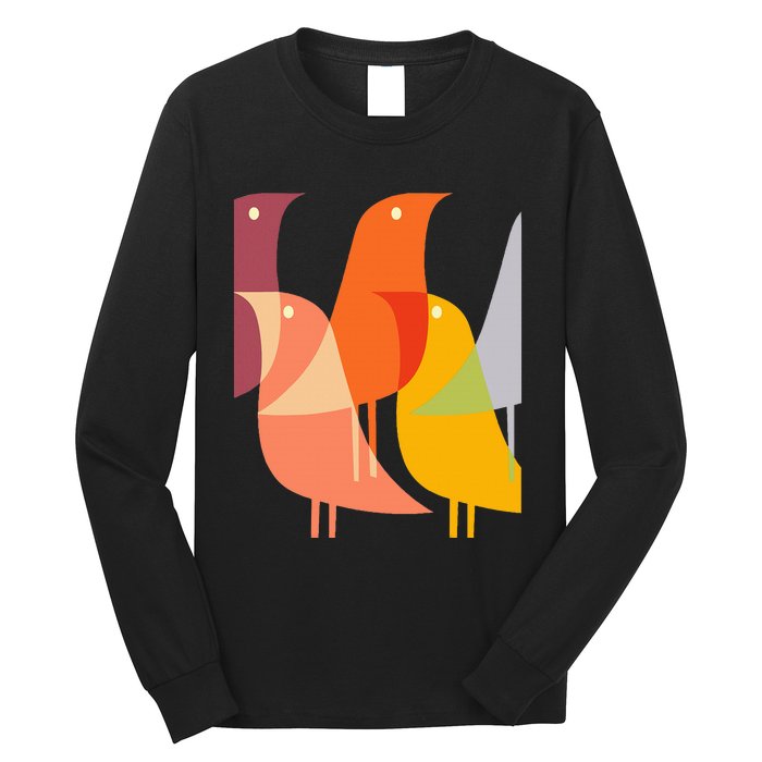 Bird Print Art Deco 60s Style Minimal Hippy Long Sleeve Shirt