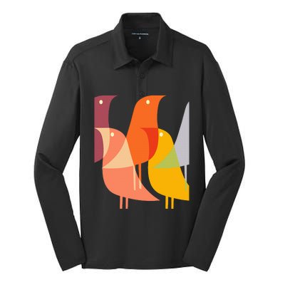 Bird Print Art Deco 60s Style Minimal Hippy Silk Touch Performance Long Sleeve Polo