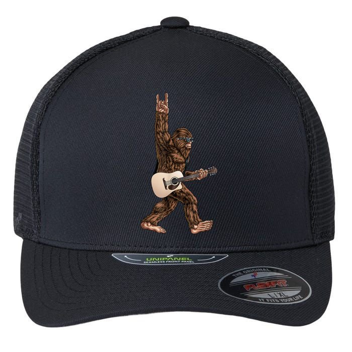 Bigfoot Playing Acoustic Guitar Rock On Sasquatch Big Foot Flexfit Unipanel Trucker Cap