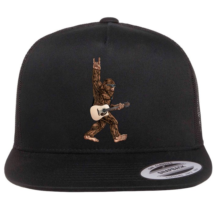 Bigfoot Playing Acoustic Guitar Rock On Sasquatch Big Foot Flat Bill Trucker Hat