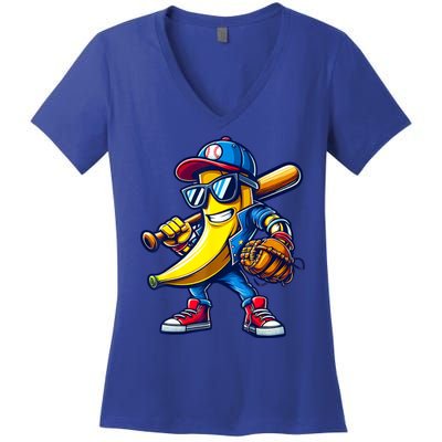 Banana Playing Baseball Fruit Lover Baseball Women's V-Neck T-Shirt