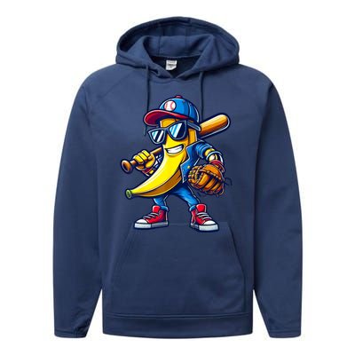 Banana Playing Baseball Fruit Lover Baseball Performance Fleece Hoodie