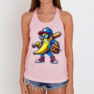 Banana Playing Baseball Fruit Lover Baseball Women's Knotted Racerback Tank