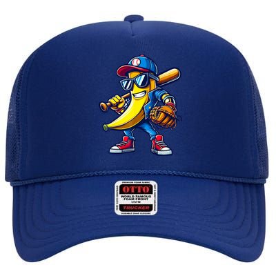 Banana Playing Baseball Fruit Lover Baseball High Crown Mesh Back Trucker Hat